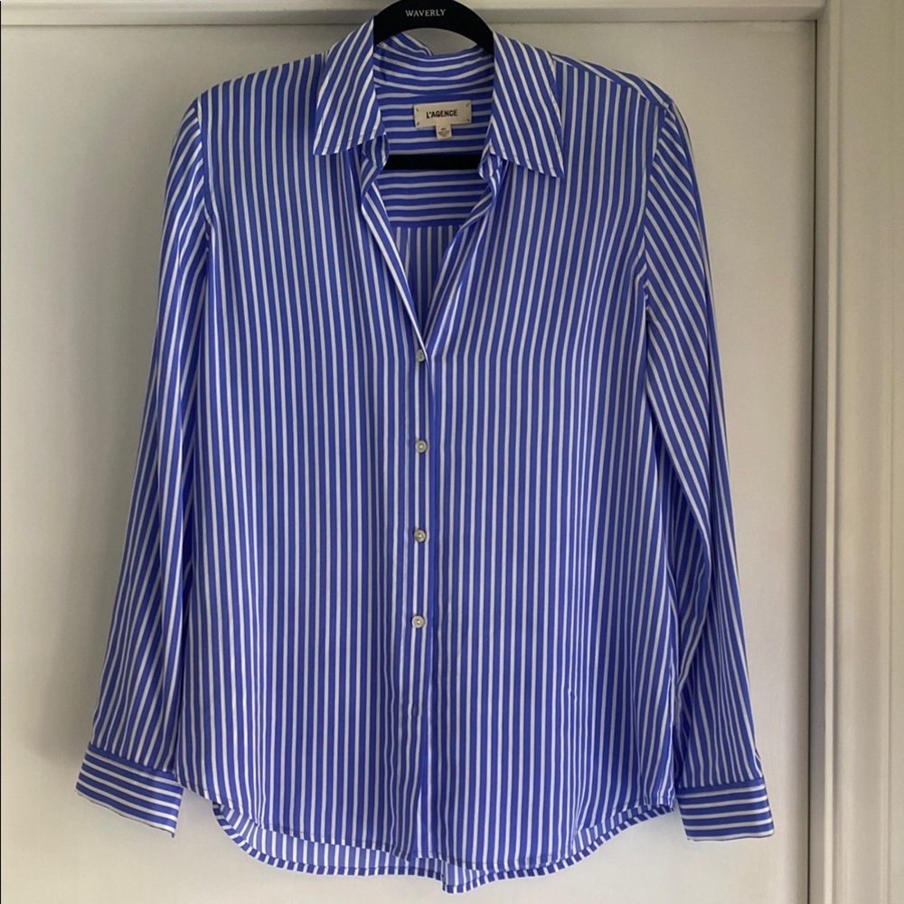 L’Agence Blue and White Striped 100% Silk Shirt